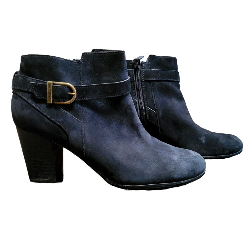 Cole Haan Black Suede Ankle Booties with Gold Buckle Accent